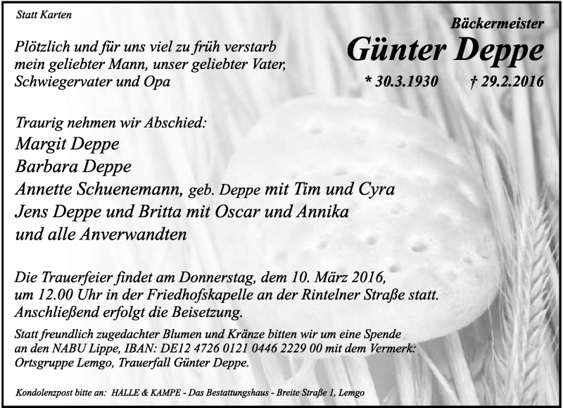  Traueranzeige für Günter Deppe vom 05.03.2016 aus Lippische Landes-Zeitung