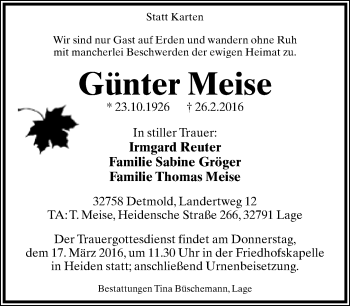 Anzeige  Günter Meise  Lippische Landes-Zeitung