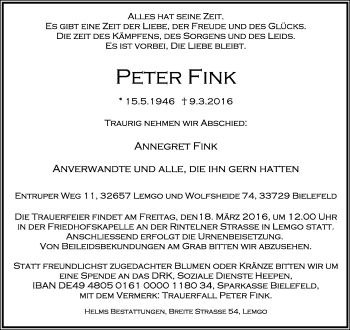 Anzeige  Peter Fink  Lippische Landes-Zeitung
