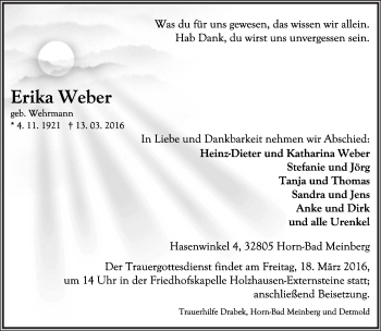 Anzeige  Erika Weber  Lippische Landes-Zeitung