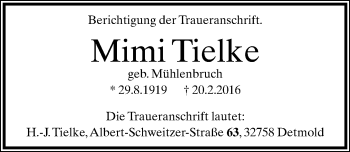 Anzeige  Mimi Tielke  Lippische Landes-Zeitung