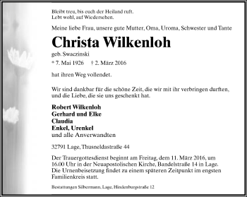 Anzeige  Christa Wilkenloh  Lippische Landes-Zeitung