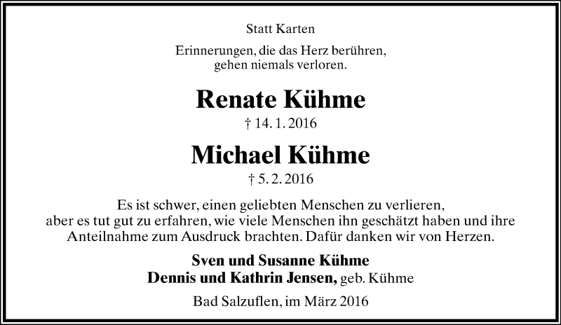  Traueranzeige für Renate Kühme vom 05.03.2016 aus Lippische Landes-Zeitung
