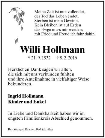Anzeige  Willi Hollmann  Lippische Landes-Zeitung