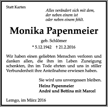 Anzeige  Monika Papenmeier  Lippische Landes-Zeitung