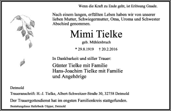 Anzeige  Mimi Tielke  Lippische Landes-Zeitung
