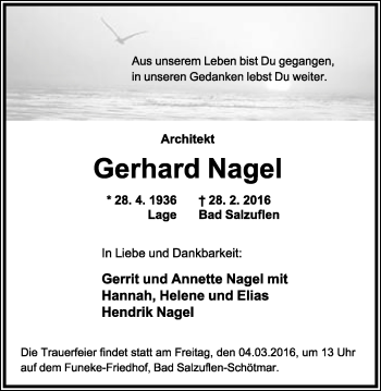 Anzeige  Gerhard Nagel  Lippische Landes-Zeitung