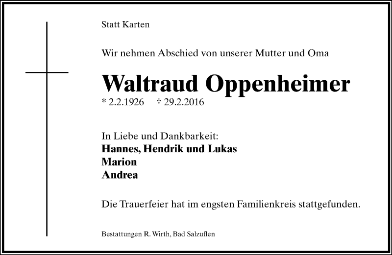  Traueranzeige für Waltraud Oppenheimer vom 12.03.2016 aus Lippische Landes-Zeitung
