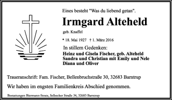 Anzeige  Irmgard Alteheld  Lippische Landes-Zeitung