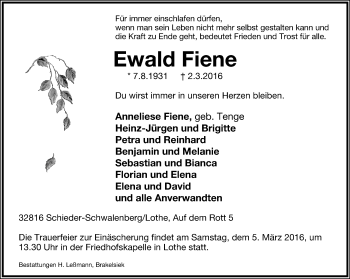 Anzeige  Ewald Fiene  Lippische Landes-Zeitung