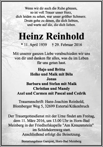 Anzeige  Heinz Reinhold  Lippische Landes-Zeitung