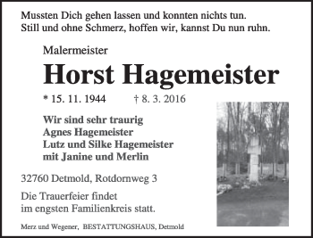 Anzeige  Horst Hagemeister  Lippische Landes-Zeitung