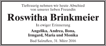 Anzeige  Roswitha Brinkmeier  Lippische Landes-Zeitung