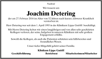 Anzeige  Joachim Detering  Lippische Landes-Zeitung