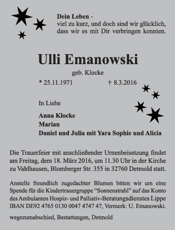 Anzeige  Ulli Emanowski  Lippische Landes-Zeitung