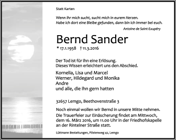 Anzeige  Bernd Sander  Lippische Landes-Zeitung