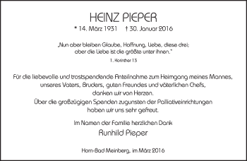 Anzeige  Heinz Pieper  Lippische Landes-Zeitung