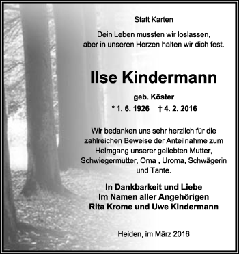 Anzeige  Ilse Kindermann  Lippische Landes-Zeitung
