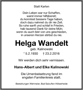 Anzeige  Helga Wandelt  Lippische Landes-Zeitung