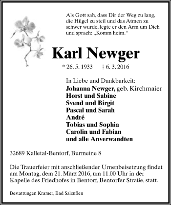 Anzeige  Karl Newger  Lippische Landes-Zeitung