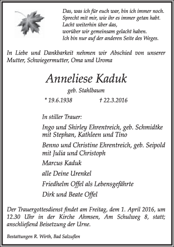 Anzeige  Anneliese Kaduk  Lippische Landes-Zeitung