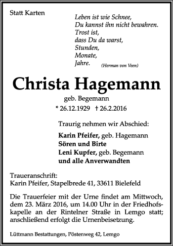 Anzeige  Christa Hagemann  Lippische Landes-Zeitung