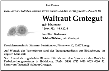 Anzeige  Waltraud Grotegut  Lippische Landes-Zeitung