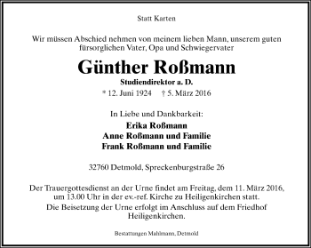 Anzeige  Günther Roßmann  Lippische Landes-Zeitung