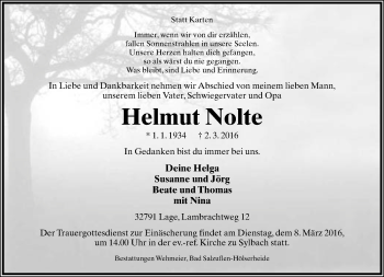 Anzeige  Helmut Nolte  Lippische Landes-Zeitung