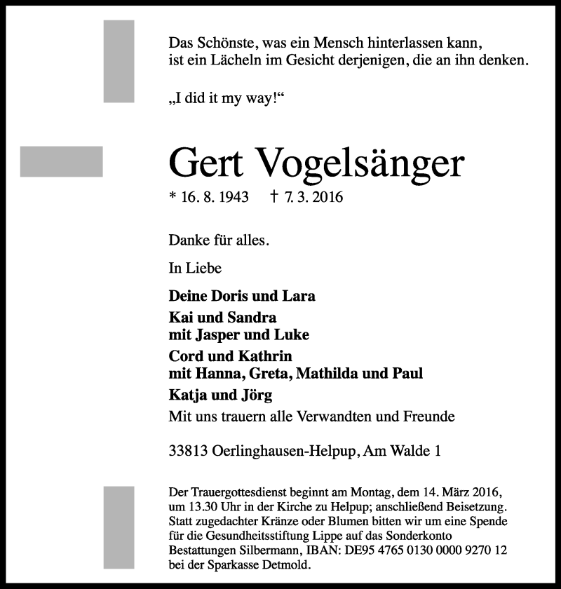  Traueranzeige für Gert Vogelsänger vom 10.03.2016 aus Lippische Landes-Zeitung