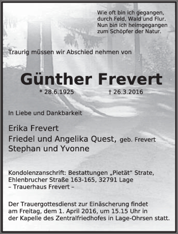 Anzeige  Günther Frevert  Lippische Landes-Zeitung
