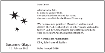Anzeige  Susanne Glapa  Lippische Landes-Zeitung