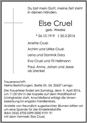 Anzeige  Else Cruel  Lippische Landes-Zeitung