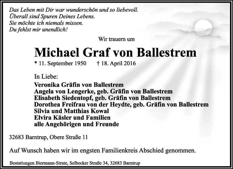  Traueranzeige für Michael Graf von Ballestrem vom 23.04.2016 aus Lippische Landes-Zeitung