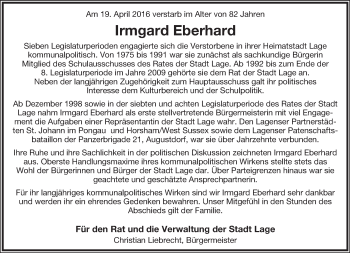 Anzeige  Irmgard Eberhard  Lippische Landes-Zeitung