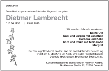 Anzeige  Dietmar Lambrecht  Lippische Landes-Zeitung