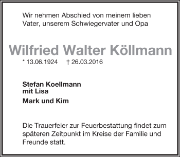 Anzeige  Wilfired Walter Köllmann  Lippische Landes-Zeitung