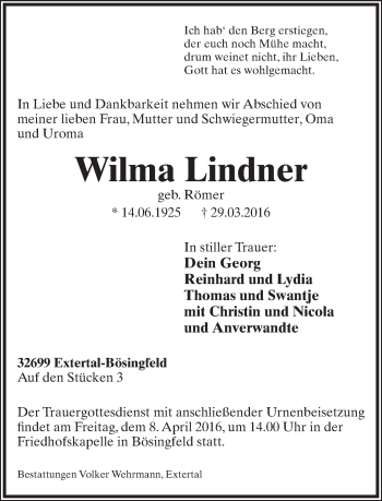 Anzeige  Wilma Lindner  Lippische Landes-Zeitung