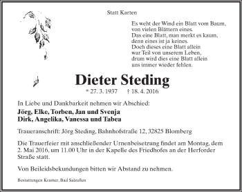 Anzeige  Dieter Steding  Lippische Landes-Zeitung
