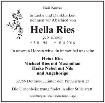 Anzeige  Hella Ries  Lippische Landes-Zeitung