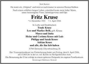 Anzeige  Fritz Kruse  Lippische Landes-Zeitung