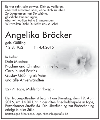 Anzeige  Angelika Bröcker  Lippische Landes-Zeitung