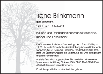 Anzeige  Irene Brinkmann  Lippische Landes-Zeitung