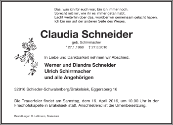 Anzeige  Claudia Schneider  Lippische Landes-Zeitung