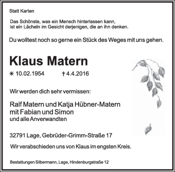 Anzeige  Klaus Matern  Lippische Landes-Zeitung