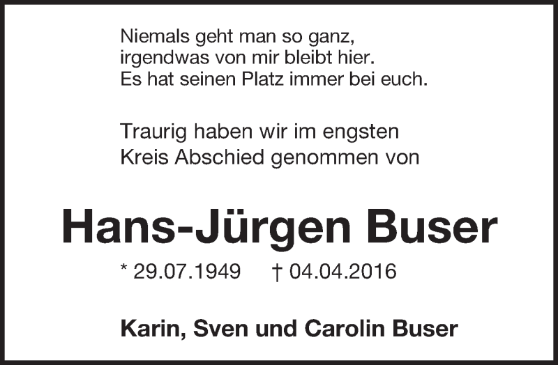  Traueranzeige für Hans-Jürgen Buser vom 23.04.2016 aus Lippische Landes-Zeitung