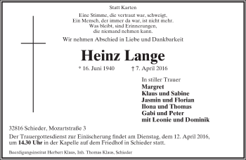 Anzeige  Heinz Lange  Lippische Landes-Zeitung