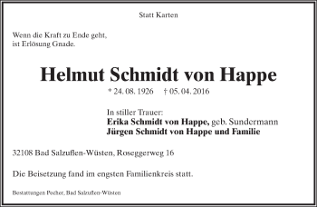 Anzeige  Helmut Schmidt von Happe  Lippische Landes-Zeitung
