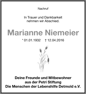 Anzeige  Marianne Niemeier  Lippische Landes-Zeitung