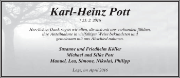 Anzeige  Karl-Heinz Pott  Lippische Landes-Zeitung
